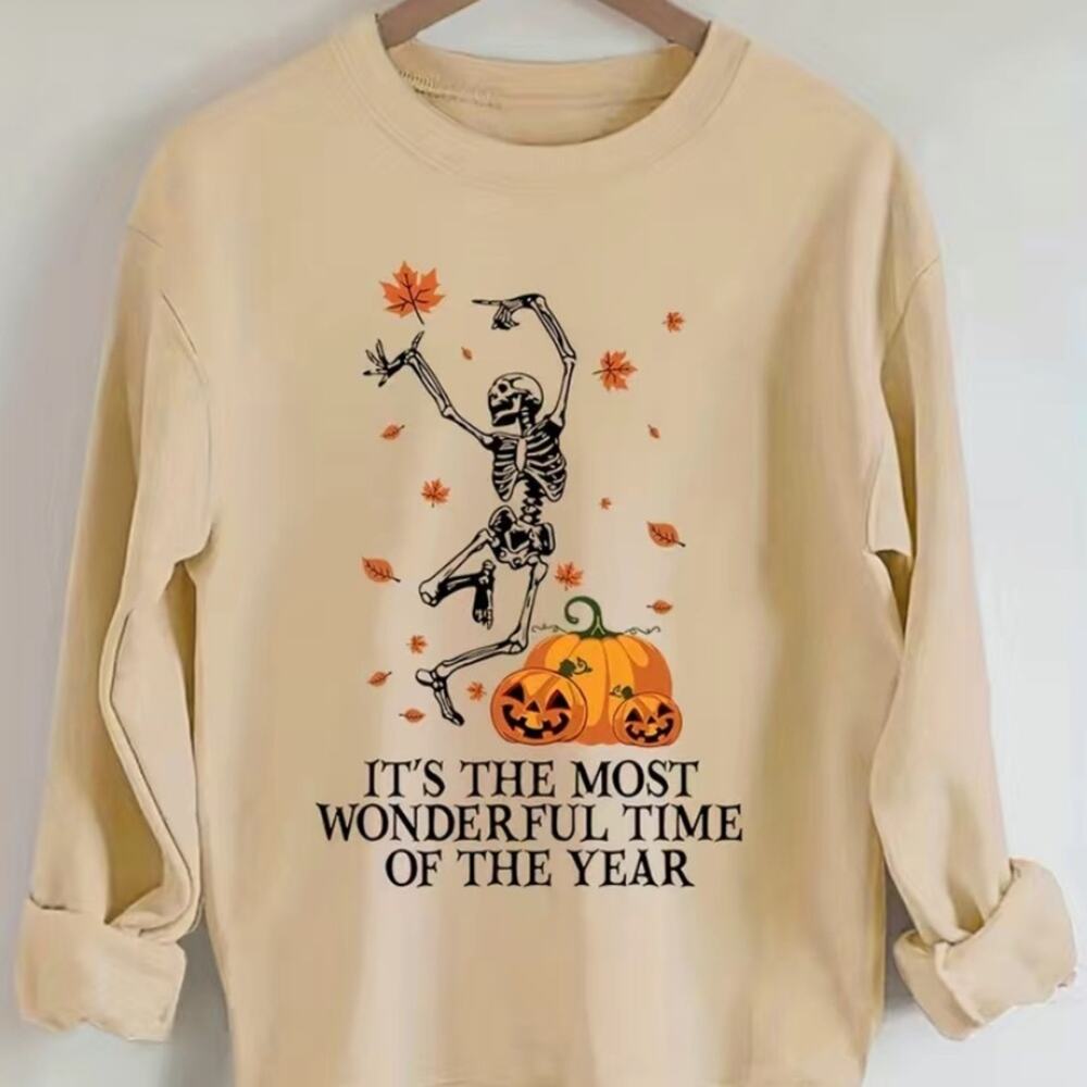 Halloween Skeleton Pumpkin Sweatshirt Small Beige Spooky Season Fall Graphic